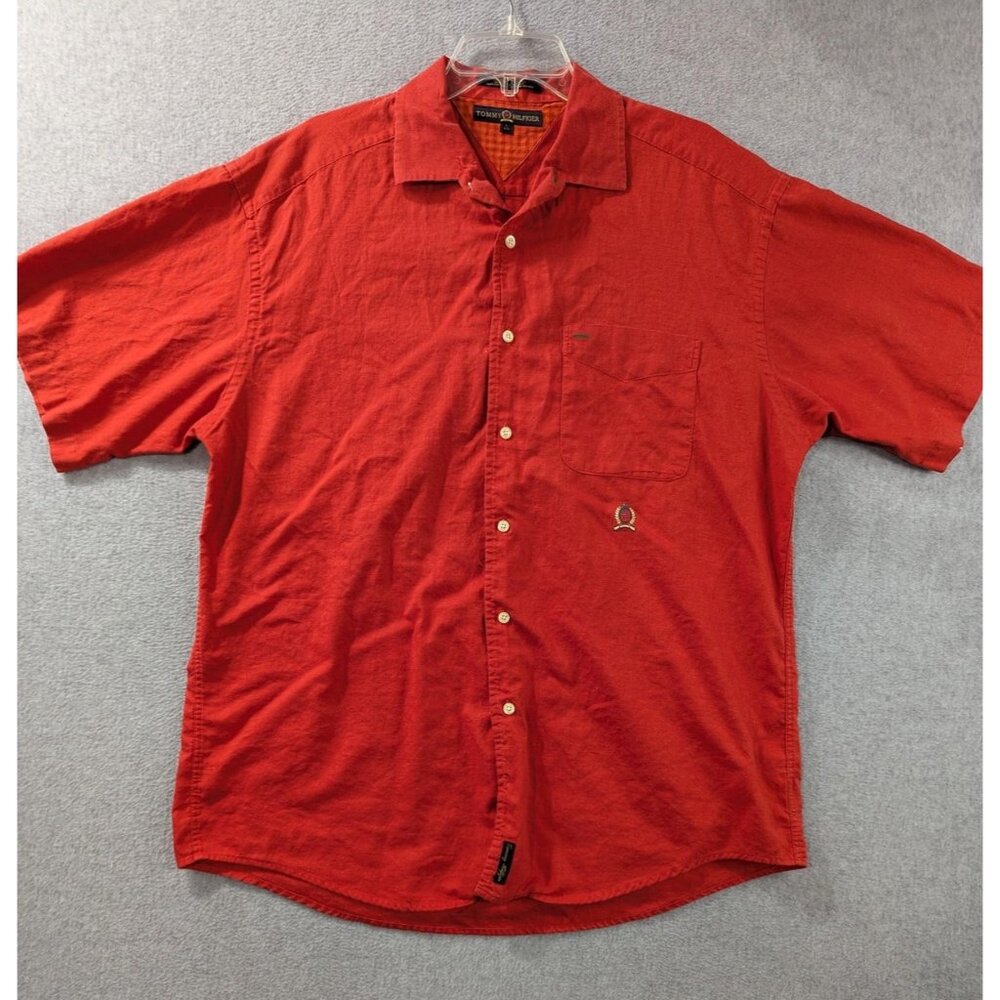 Tommy Hilfiger Shirt Mens Large Red Textured Check Crest Short Sleeve Button Up